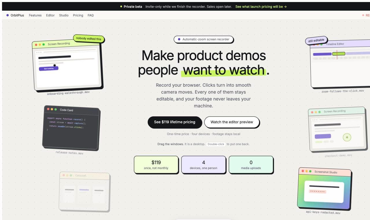 OrbitPlus landing page showing the automatic-zoom screen recorder and its lifetime pricing